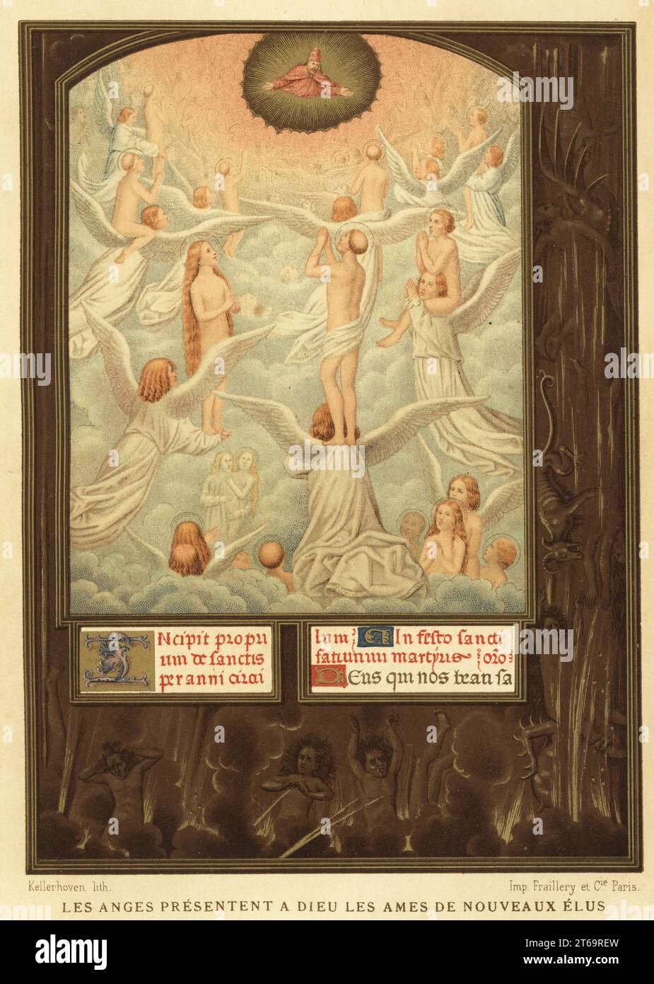 Anges présentant les âmes des nouveaux sauvés à Dieu. D'après une miniature attribuée à Hans Memling dans le cardinal Grimanis Breviaire. Les anges présentent a dieu les ames de nouveaux elus. Chromolithographie de Franz Kellerhoven Felix Elie Regamey de Paul Lacroixs la vie militaire et religieuse au Moyen Age et a lEpoque de la Renaissance, la vie militaire et religieuse au Moyen âge et à la Renaissance, Paris, 1873. Banque D'Images