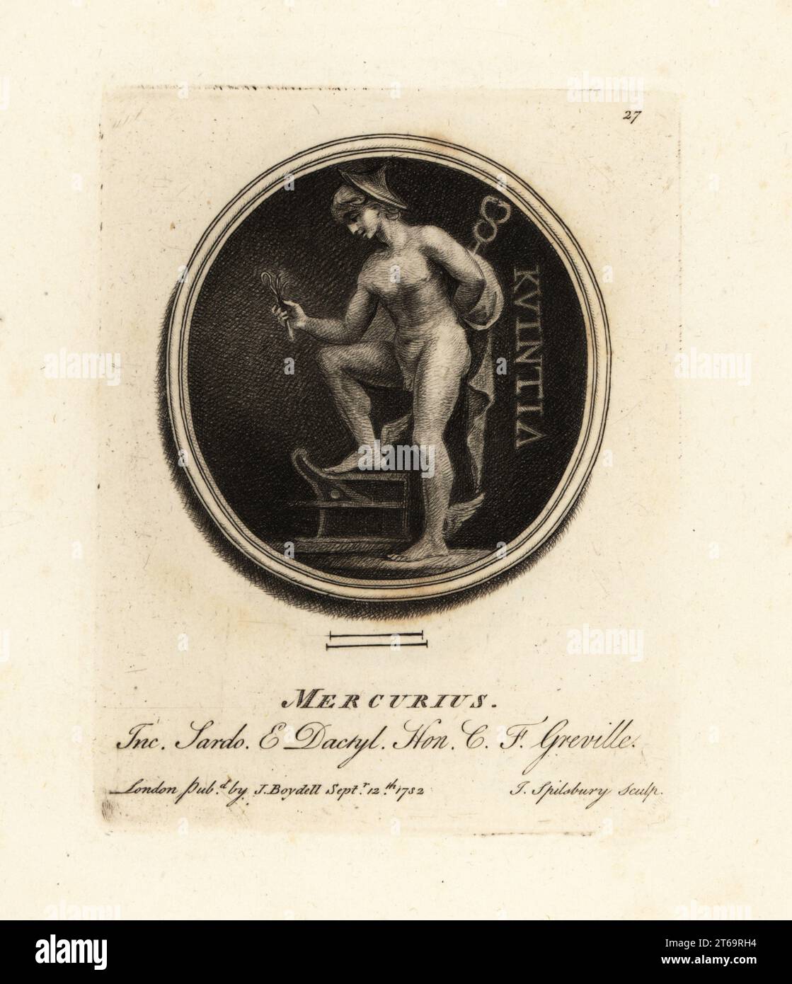 Portrait de Mercury, dieu romain du commerce et de la communication avec petasos, caduceus, cloak et chevilles aillées. Gravé dans le sardonyx et le dactylotheca de la collection de l'antiquaire Charles Francis Greville. Mercurius dans la Sardo. Et Dactyl. Mezzotint gravure de plaques de copperplate par John Spilsbury de sa Collection de Fifty Prints de Antique Gems, John Boydell, Londres, 1785. Banque D'Images