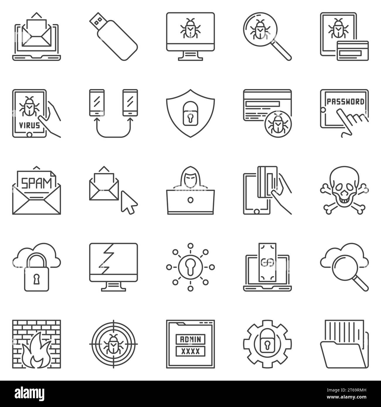 Jeu d'icônes de contour de hacker et de virus informatique. Symboles de concept linéaire Vector Cyber Security Illustration de Vecteur