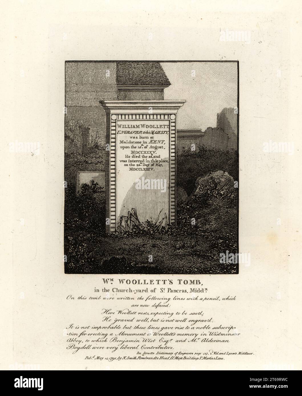 Tombe du graveur royal William Woollett, mort en 1735, dans le cimetière de St. Pancras, Middlesex. Gravure sur cuivre de John Thomas Smith d'après les dessins originaux des membres de la Society of Antiquaries de son J.T. Smiths Antiquities of London and its environs, J. Sewell, R. Folder, J. Simco, Londres, 1795. Banque D'Images