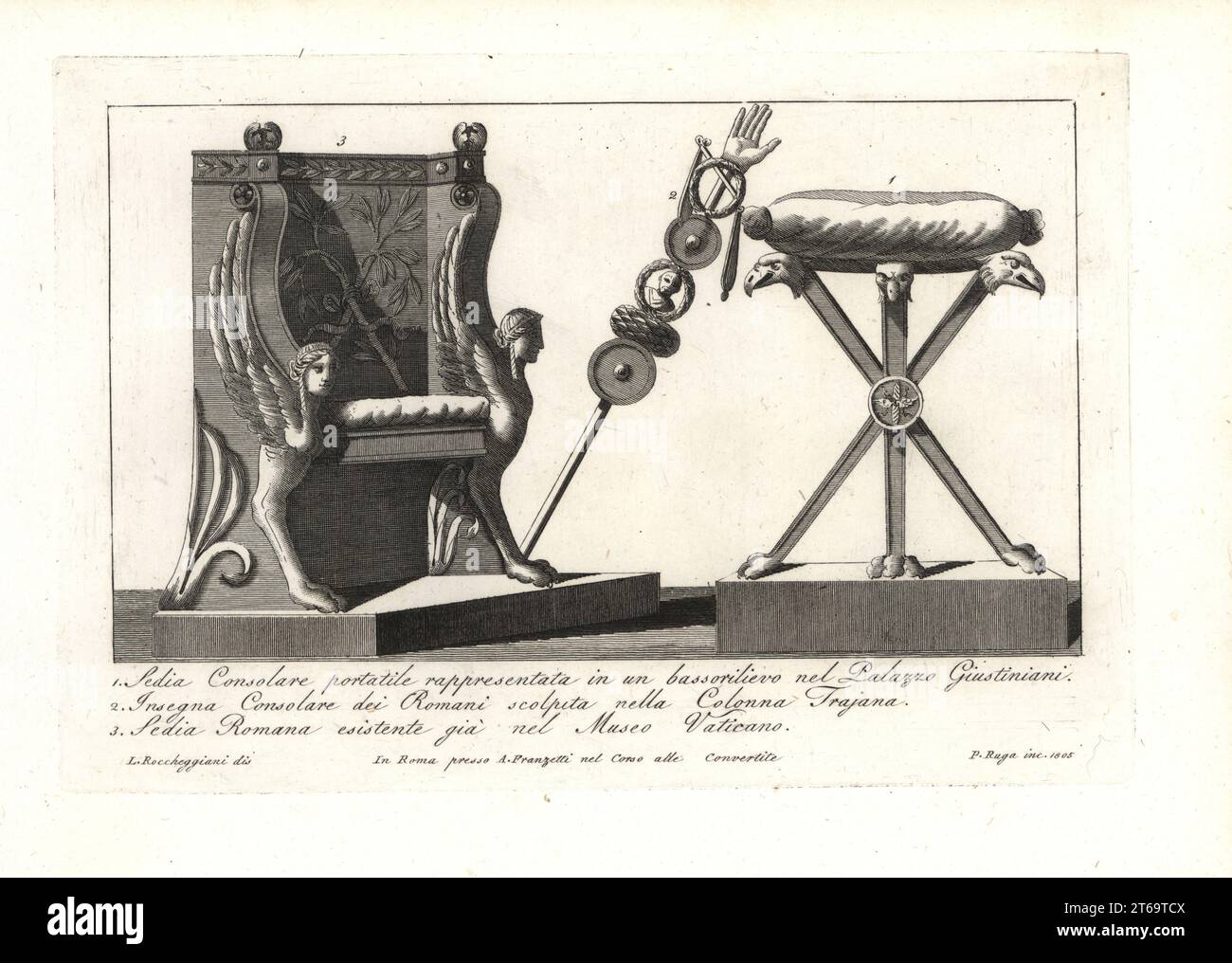 Chaise consulaire romaine portable d'un bas-secours dans le Palazzo Giustiniani ou le Palais Justinien 1, Insegna Consolares ou l'enseigne consulaire sculpté dans la colonne Trajan 2, et selles romaines avec pattes d'aigle dans le Musée du Vatican 3. Gravure de coperplate par Pietro Ruga après une illustration par Lorenzo Rocceggiani de ses 100 plaques de costumes religieux, civil et militaire des anciens Egyptiens, Etrusques, Grecs et Romains, Franzetti, Rome, 1802. Banque D'Images