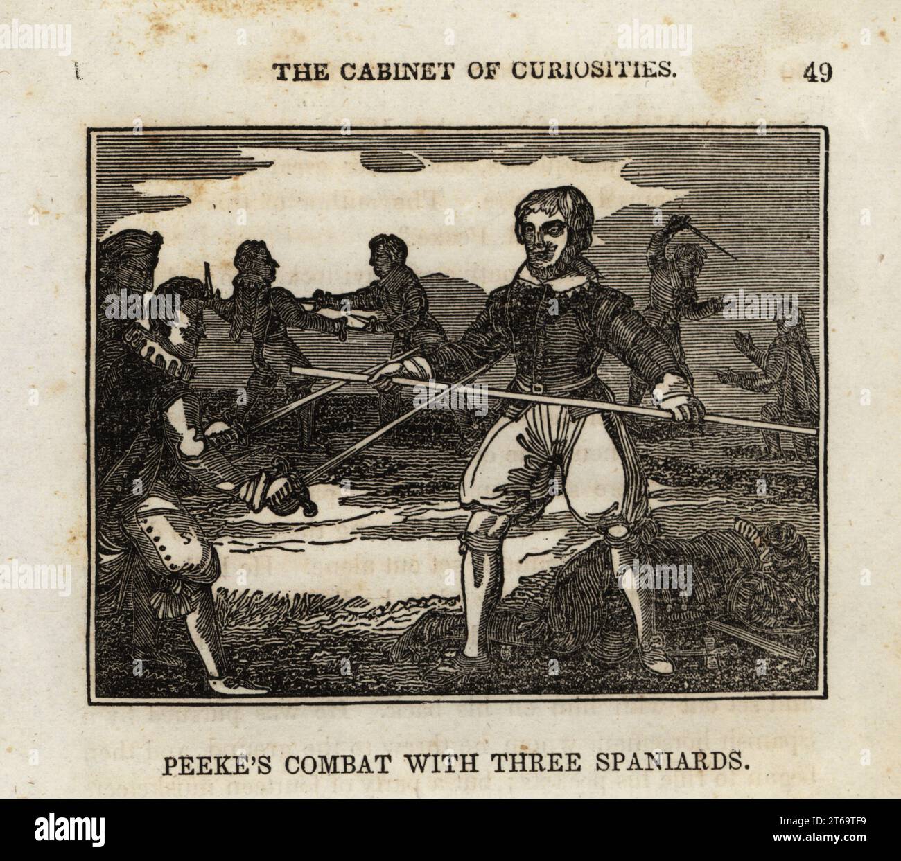 Anglais avec un quartier combattant trois espadmen espagnols. Richard Peeke de Tavistock a battu trois Espagnols dans un duel à Xeres, le 15 novembre 1625. Coupe de bois du Cabinet des curiosités, ou Wonders of the World displayed, Henry Piercy, New York, 1836. Banque D'Images