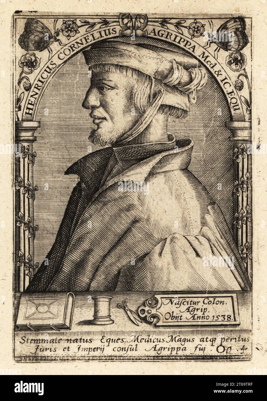 Heinrich Cornelius Agrippa von Nettesheim, polymathe allemand, médecin, juriste, soldat, théologien et écrivain occulte 1486-1535. Henricus Cornelius Agippa Medicus Juris Consultus Equ. Gravure sur cuivre de Johann Theodore de Bry de Jean-Jacques Boissards Bibliotheca Chalcographica, Johann Ammonius, Francfort, 1650. Banque D'Images