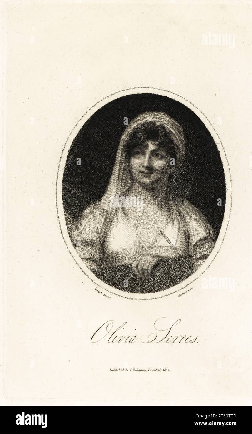 Olivia Serres (1772-1834), peintre et écrivain anglais, également célèbre comme imposteur et prétendre au titre de la princesse Olive de Cumberland. Représenté dans un voile et une robe, tenant un pinceau et un portefeuille. Portrait ovale en coperplate gravure de Mackenzie, d'après un tableau de George Francis Joseph, publié par J. Ridgeway, Londres, 1805. Banque D'Images