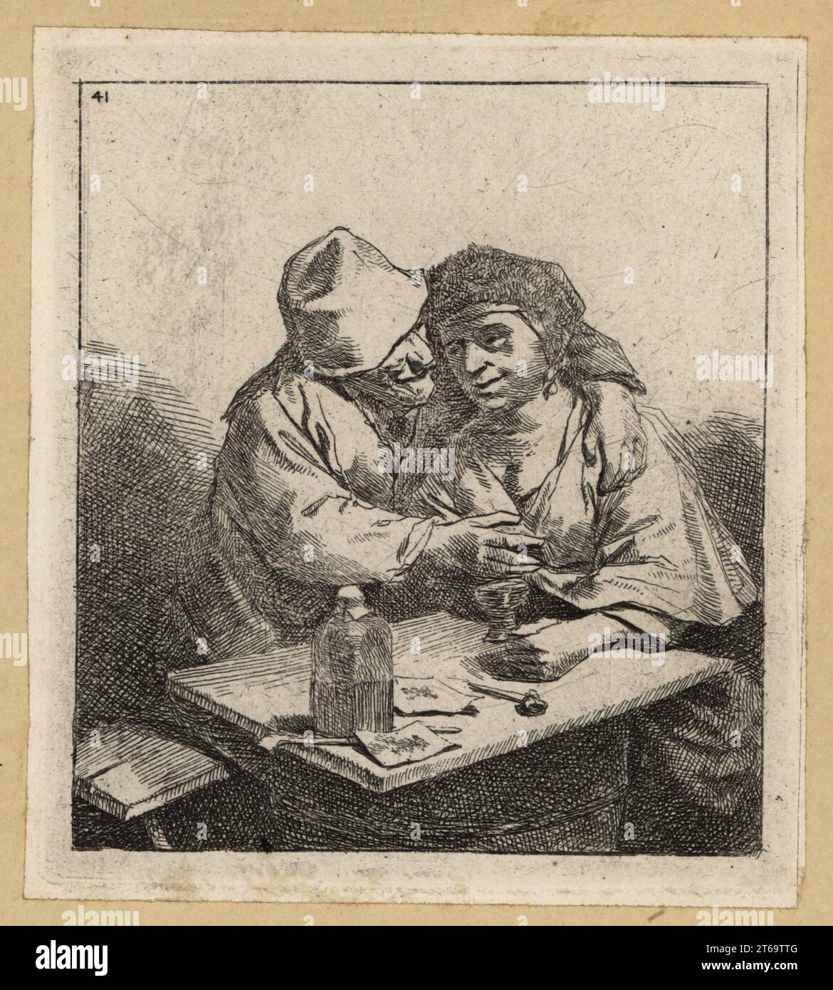 Deux amoureux paysan s'embrassant à une table de taverne, XVIIe siècle. Sur la table en bois se trouvent une bouteille de gin, de verre, de pipes de tabac. Gravure sur plaque de coperplate par David Deuchar d'UNE collection de gravures d'après les maîtres les plus éminents des écoles néerlandaises et flamandes, Édimbourg, 1803. Banque D'Images