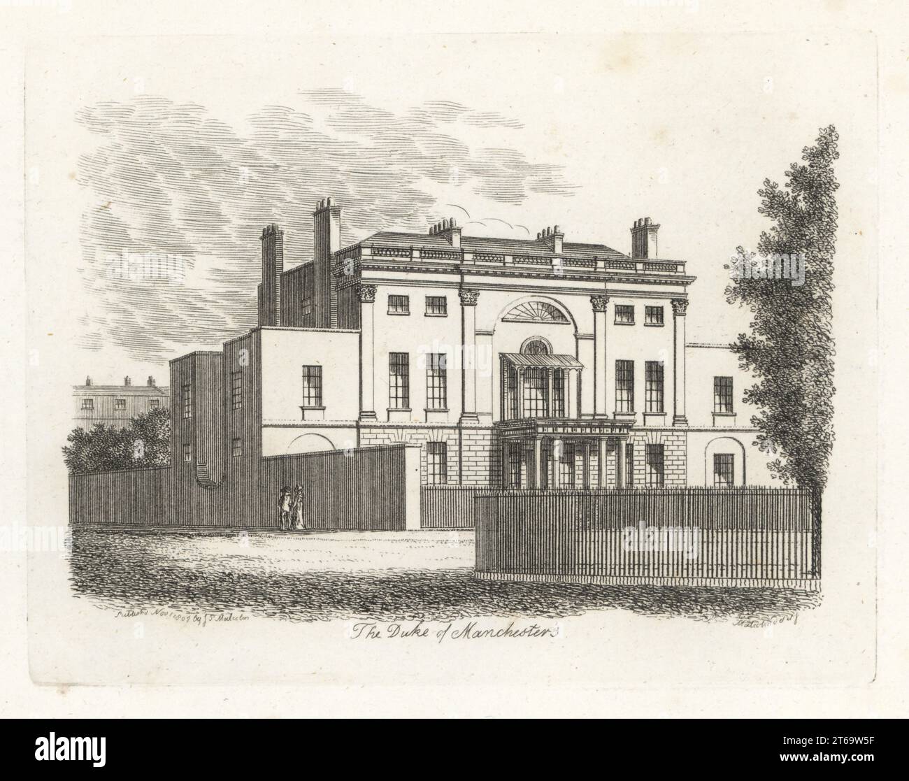 Hertford House, demeure de la Wallace Collection, ancienne demeure du Duc de Manchester, Londres, 1807. Construit pour George Montagu, 4ème duc, en 1776 sur le côté nord de Manchester Square Copperplate dessiné et gravé par James Peller Malcolm de ses anecdotes sur les manières et les coutumes de Londres pendant le 18ème siècle, Longman, Hurst, Londres, 1808. Malcolm (1767-1815) était un topographe et graveur américain-anglais, Fellow de la Société des antiquaires. Banque D'Images