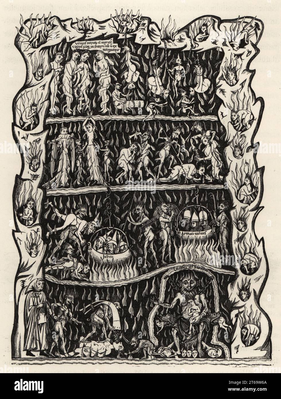 Les épreuves de l'enfer. Au sommet, les méchants rongés par les vers et dévorés par les flammes éternelles : centre, juifs et mercenaires bouillirent vivants, au fond, les moines conduisaient à Lucifer ou Satan. D'après une miniature du manuscrit du 12e siècle, Hortus deliciarum. Les supplices de lenfer. Gravure sur bois d'Etienne Huyot et Jules Huyot sur Paul Lacroixes la vie militaire et religieuse au Moyen Age et a lEpoque de la Renaissance, la vie militaire et religieuse au Moyen âge et à la Renaissance, Paris, 1873. Banque D'Images