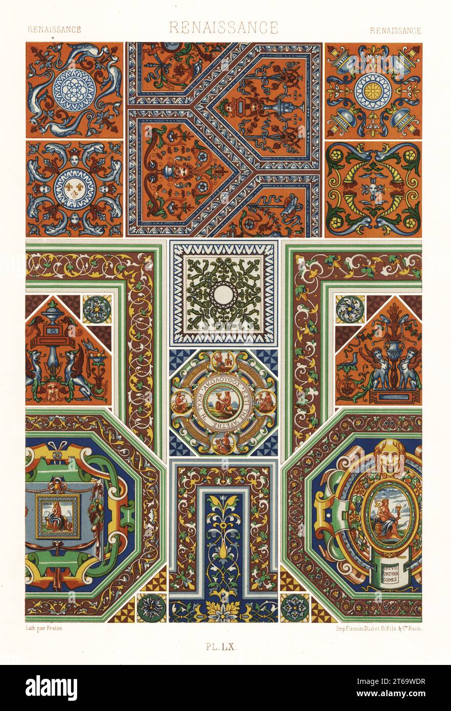 Art Renaissance : carreaux émaillés. Tuiles pentagonales 1-3, tuiles carrées 4-8, pavés incrustés 9-14 et tuiles simples 15-18 du Château de Polisy, Aube. Chromolithographie finie à la main par Pralon de Albert-Charles-Auguste ratinettes LOrnement Polychrome, (ornement polychromatique), Firmin-Didot, Paris, 1869-73. Banque D'Images