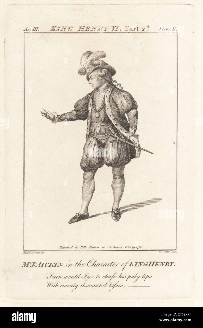 M. James Aickin dans le personnage du roi Henry dans le roi Henry VI de William Shakespeare, partie 2. En chapeau plumé, manteau garni d'hermine, pantaluons, tuyau, armé d'un rapier. James Aickin, c.1736-1803, acteur irlandais qui se produit à Édimbourg et à Drury Lane, Londres. Aickin n'a pas joué ce rôle à Drury Lane, mais a joué Henry VI dans Richard III de Colley Cibber Gravure sur plaque de coperplate de William Walker après un portrait de Robert Dighton de l'édition de Shakespeare de John Bell, Londres, 29th février 1776. Banque D'Images