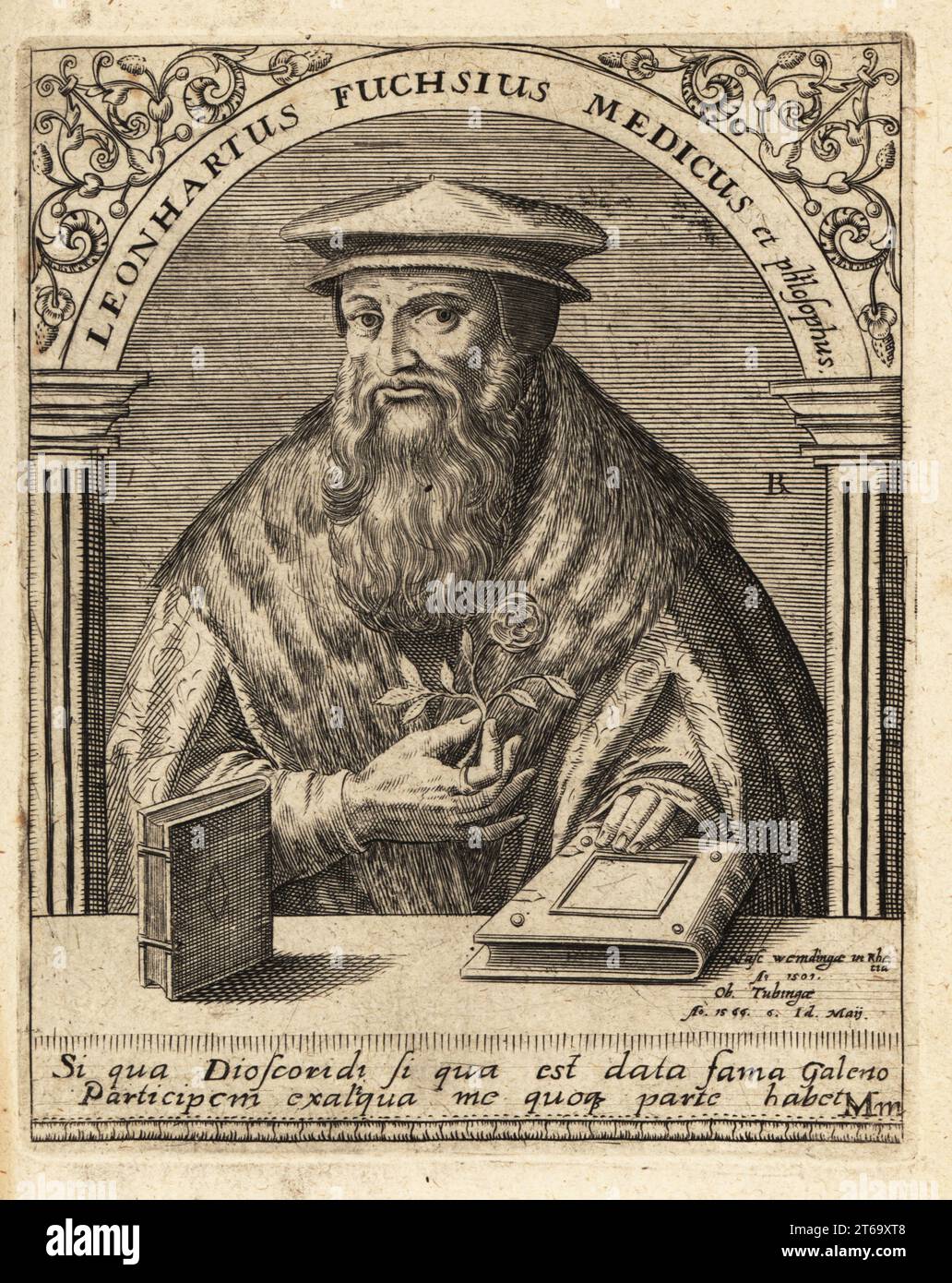 Leonhart Fuchs, médecin et botaniste allemand 1501-1566 . Auteur de la célèbre plante de Historia Stirpium Commentarii Insignes 1542. Leonhartus Fuchsius Medicus et Philisophus. Gravure sur cuivre de Johann Theodore de Bry de Jean-Jacques Boissards Bibliotheca Chalcographica, Johann Ammonius, Francfort, 1650. Banque D'Images