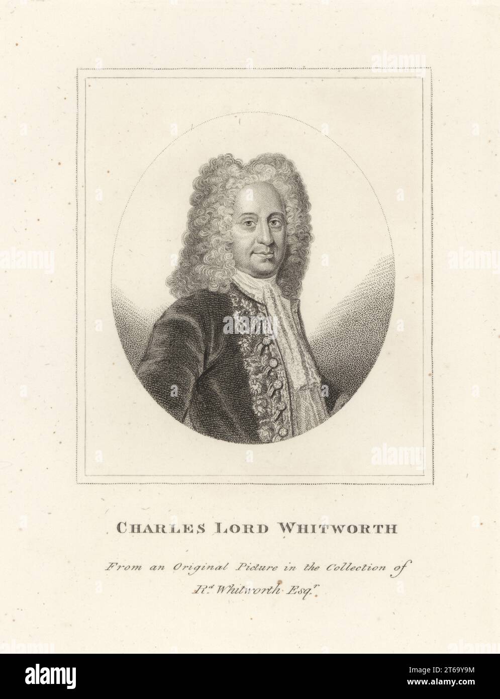 Charles Whitworth, 1e baron Whitworth, diplomate britannique, 1675-1725. En perruque, cravate et manteau. Charles Lord Whitworth, d'après une photo originale de la collection de R. Whitworth. Gravure sur cuivre de Samuel Woodburns Gallery of rare Portraits consistant en plaques originales, George Jones, 102 St Martins Lane, Londres, 1816. Banque D'Images