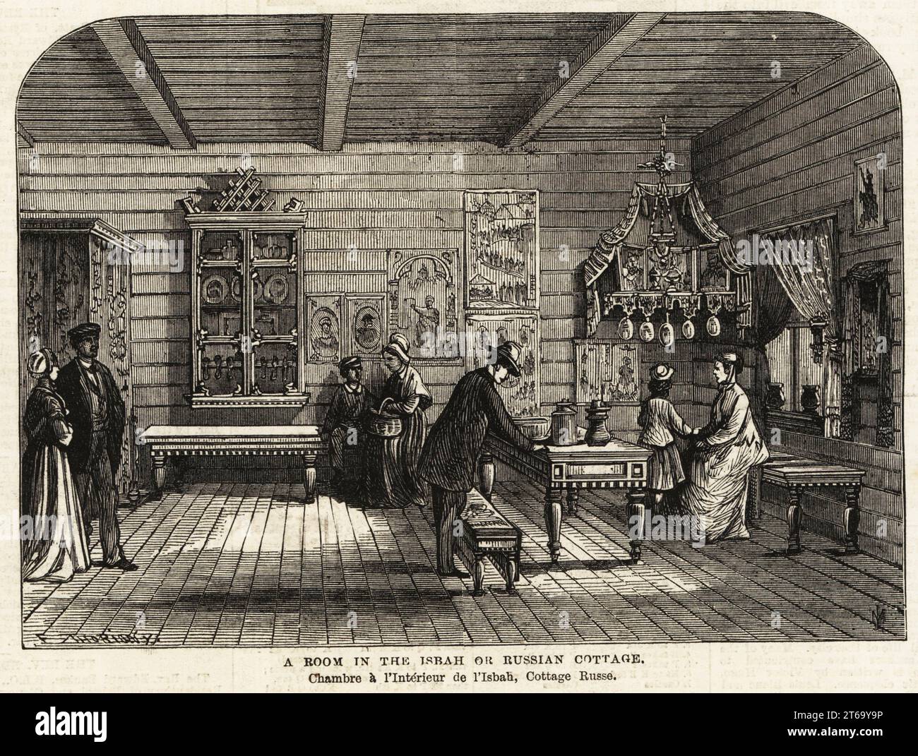 Une chambre dans le Cottage Isbah ou russe, Département russe, exposition universelle de Paris, 1867. Visiteurs dans une cabane traditionnelle russe en rondins. Gravure sur bois par JM du supplément à l'Illustrated London News, Londres, 8 juin 1867. Banque D'Images