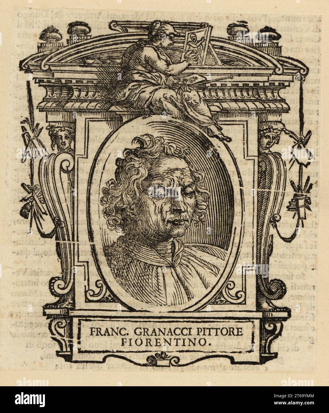 Portrait de Francesco Granacci, peintre italien de la Renaissance de Florence, 1469-1543. Franc. Granacci Pittore Fiorentino. Gravure sur bois de Giorgio Vasaris le vite de piu eccellenti pittori, scultori, et architecettori, la vie des plus excellents peintres, sculpteurs et architectes, Florence, 1678. Banque D'Images