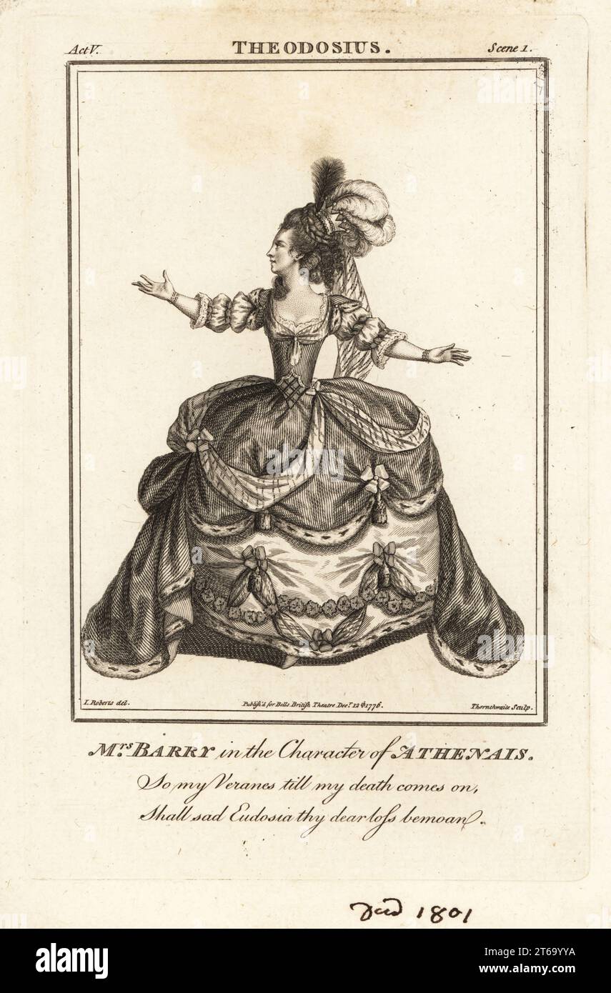 Mme Ann Barry dans le personnage d'Athenais dans Nathaniel Lees Theodosius, Kings Theatre, 1766. Ann Street, 1734-1801, était une actrice de premier plan du 18e siècle apparaissant comme Mme Dancer, Mme Barry et Mme Crawford. Gravure sur cuivre de J. Thornthwaite d'après une illustration de James Roberts du Bells British Theatre, composée des pièces anglaises les plus appréciées, John Bell, Londres, 1776. Banque D'Images