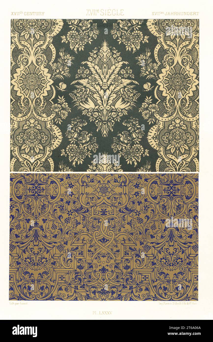 Soie et motifs estampés, 17e siècle. Design en soie franco-orientale (dessus) et fonds de page estampillés dans le style du roi Louis XIII de France. XVIIme Siecle. Chromolithographie finie à la main par Leveil de Albert-Charles-Auguste racines LOrnage Polychrome, (ornement polychromatique), Firmin-Didot, Paris, 1869-73. Banque D'Images