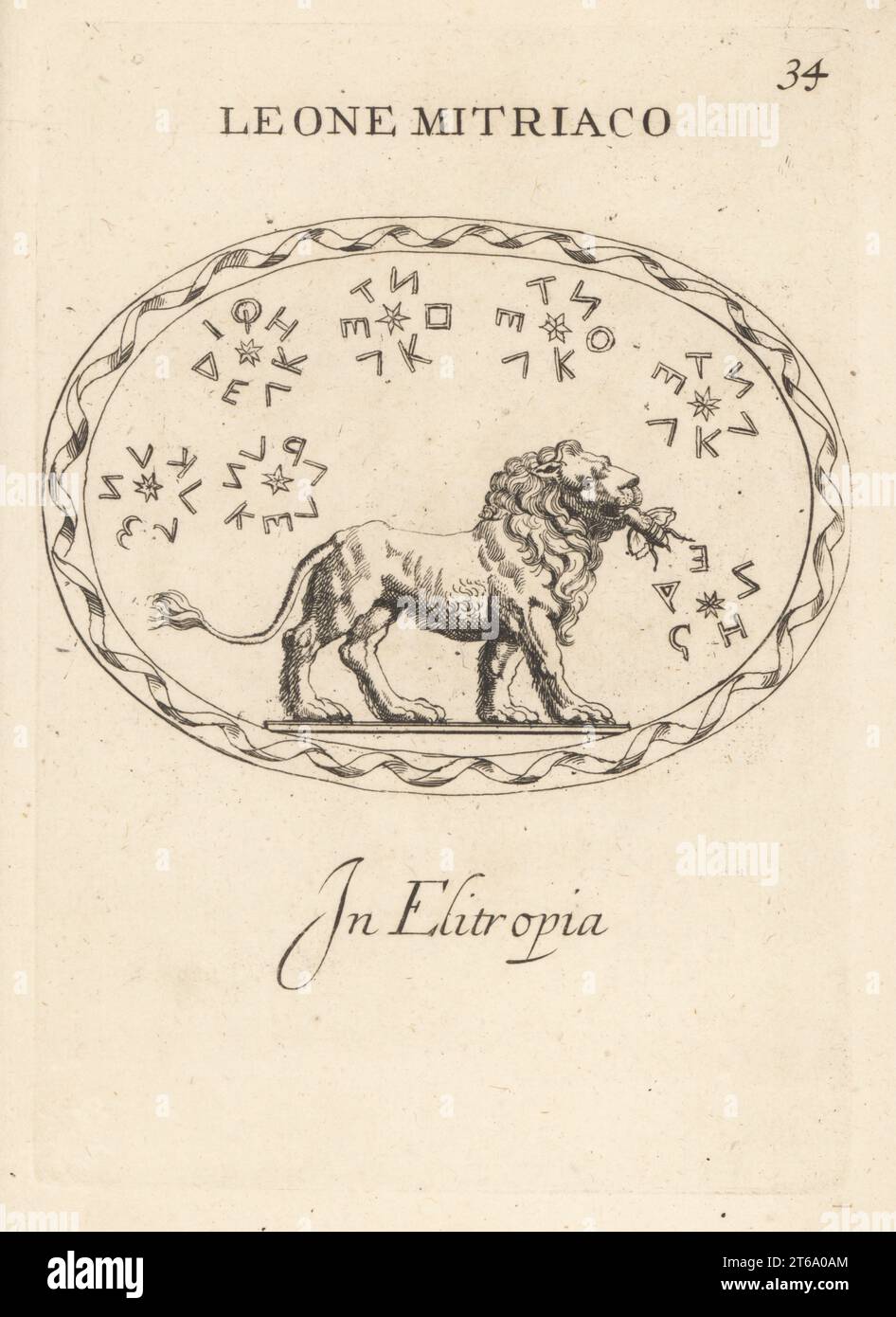 Lion de Mithras avec une abeille dans sa bouche. Culte de Mithras, inspiré par le dieu du Soleil zoroastrien Mithra. De la forte est venu vers la douceur. Leone Mitriaco en elitopia. Gravure de coperplate par Giovanni Battista Galestuzzi d'après Leonardo Agostini de gemmae et Sculpturae Antiquae Depitti ab Leonardo Augustino Senesi, Abraham Blooteling, Amsterdam, 1685. Banque D'Images