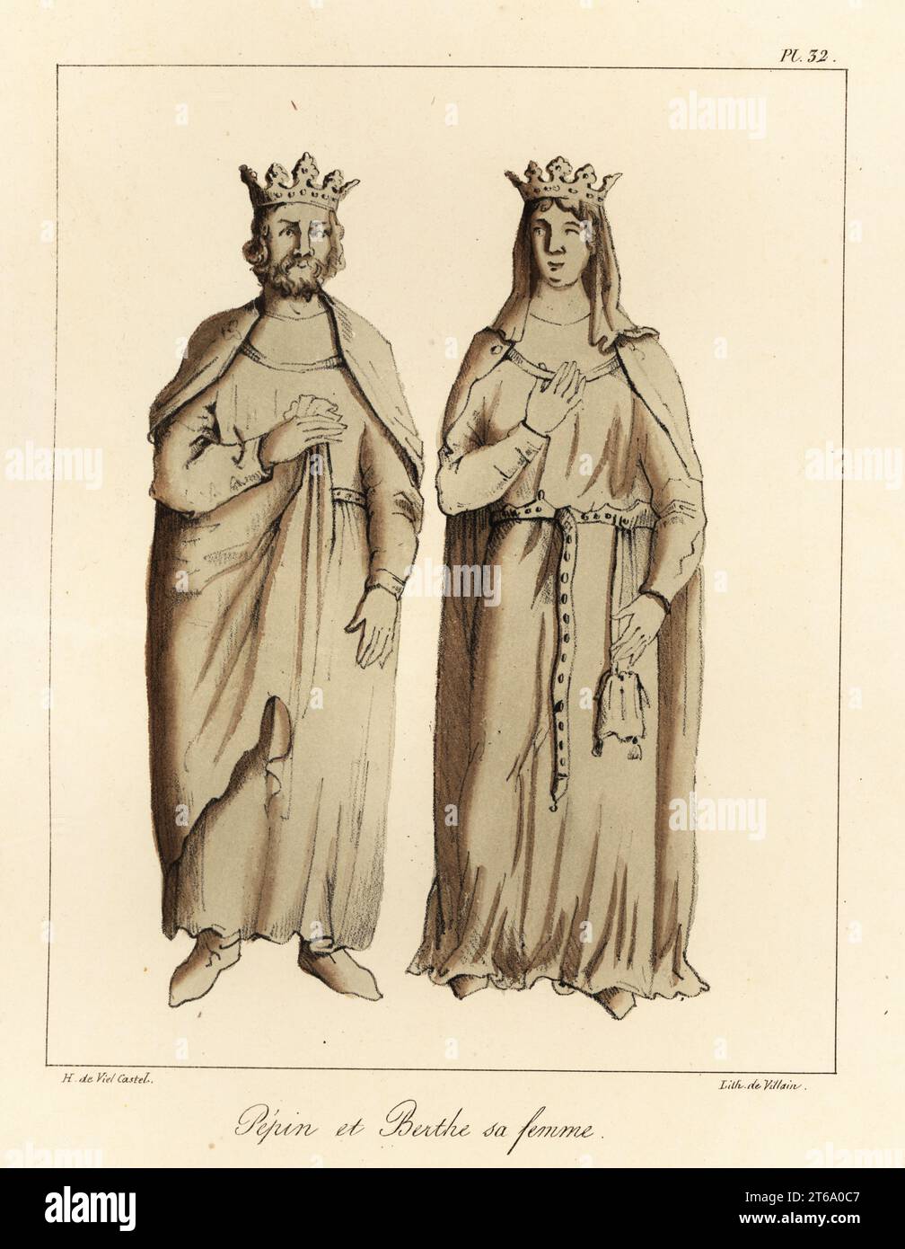 Pepin The Short (714-768), roi des Francs, premier roi carolingien, et son épouse Bertrada de Laon (v.710-783). Des effigies tombales de la Basilique Saint-Denis, Paris. Pepin et Berthe sa femme, lithographie teintée par villain d'après une illustration de Horace de Viel-Castel de sa Collection des costumes, armes et meubles pour servir à l'histoire de la France (Collection de costumes, armes et meubles à utiliser dans l'histoire de la France), Teuttel & Wurtz, Bossange, 1827. Banque D'Images