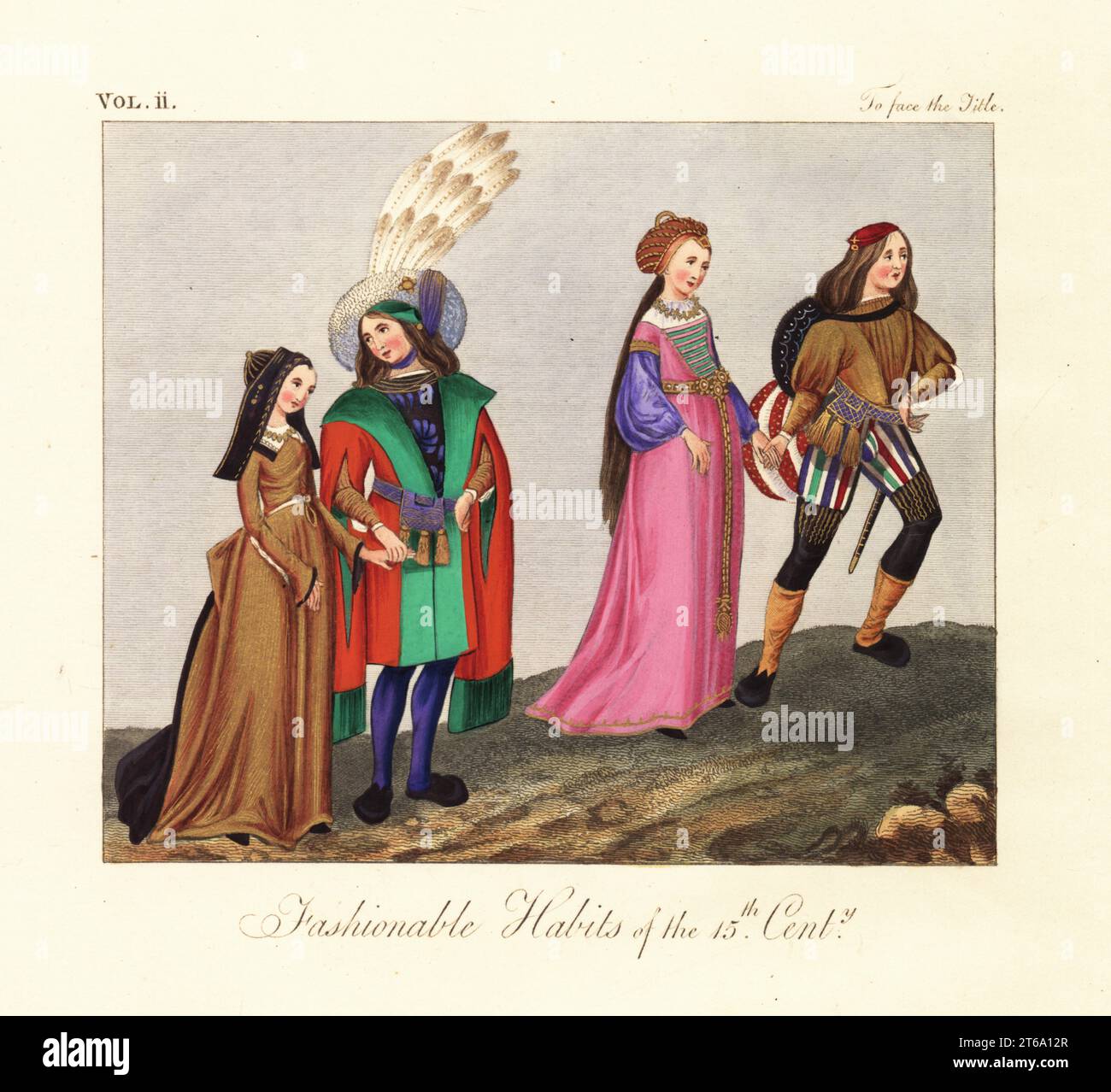 Habitudes à la mode du 15e siècle. Hommes en doublets, manteaux avec manches fendues, capuchons de tuyau et plumes, femmes en coiffes nettes et robes longues. Cortoisie invite LAmans à la rejoindre avec d'autres couples dans une danse du manuscrit enluminé Roman de la Rose de Guillaume de Lorris et Jean de Meun, vers 1490, Harley MS 4425, f.14v. Gravure coloriée de Joseph Strutt tirée de son ouvrage Complete View of the Dress and habits of the People of England, Henry Bohn, Londres, 1842. Banque D'Images