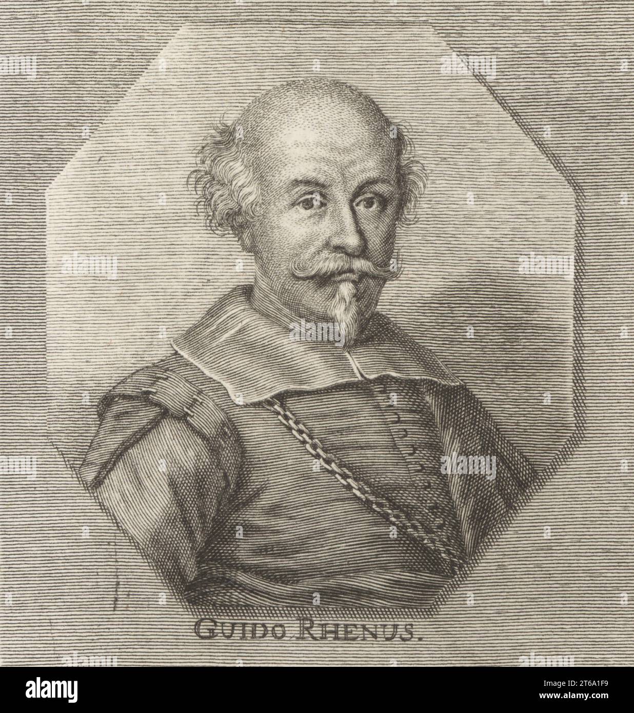 Guido Reni, peintre italien de la période baroque, 1575-1642. Il peint des sujets religieux, mythologiques et allégoriques. Guido Rhenus. Gravure sur cuivre de Johann Georg Waldreich d'après une illustration de Joachim von Sandrart tirée de sa LAcademia Todesca, della Architectura, Scultura & Pittura, oder Teutsche Academie, der Edlen Bau- Bild- und Mahlerey-Kunste, Académie allemande d'architecture, de sculpture et de peinture, Jacob von Sandrart, Nuremberg, 1675. Banque D'Images