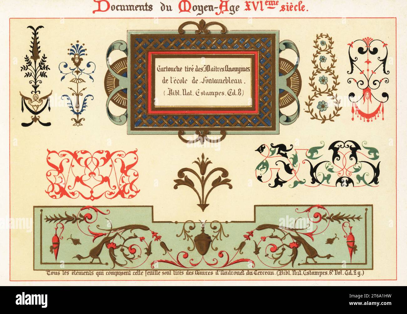 Éléments design du XVIe siècle. Cartouche d'un maître anonyme de l'École Fontainebleau, et éléments du Cerceau de Jacques Androuet. Chromolithographie conçue et lithographiée par Ernst Guillot d'Elements d'ornement du XVIe siècle, éléments d'ornement du XVIe siècle, Renouard, Paris, 1890. Banque D'Images