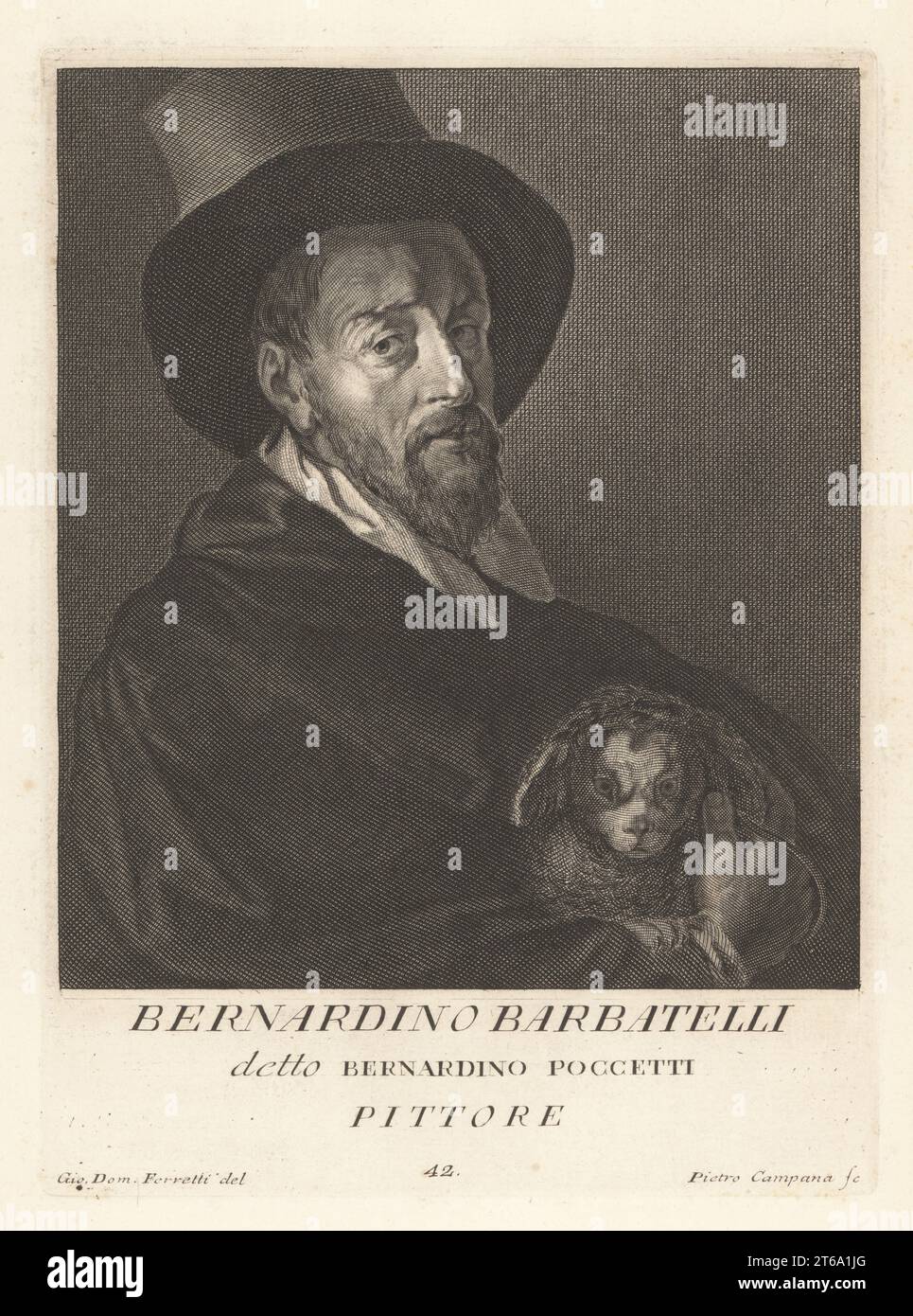 Bernardino Poccetti, peintre maniériste italien et graveur de gravures, 1548-1612. Peint de nombreuses fresques à S. Maria Novella, S. Maria Maddalena de' Pazzi à Florence. Autoportrait avec chien. Bernardino Barbatelli, Pittore. Gravure sur plaque de coperplate par Pietro Campana d'après Giovanni Domenico Ferretti après un autoportrait de l'artiste du Museo Florentino de Francesco Moucke, série di Ritratti de Pittori (série de Portraits de Peintres) stampia Mouckiana, Florence, 1752-62. Banque D'Images