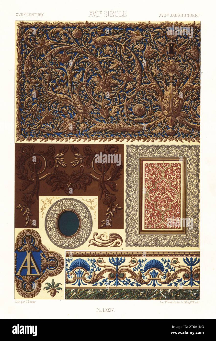 Peintures, sculptures et œuvres ouvertes, 17e siècle. Style Louis XIII. Bois incrusté d'ivoire sculpté et nacre 1, cadres argentés 2,3, frise de Fontainebleau 4, chiffre de Louis XIII et Anne d'Autriche 5, porte dorée à Fontainebleau 6, cercueil d'Anne d'Autriche en or chassé sur sol velours 7. XVIIme Siecle. Chromolithographie finie à la main par G. Sanier de Albert-Charles-Auguste ratinettes LOrnement Polychrome, (ornement polychromatique), Firmin-Didot, Paris, 1869-73. Banque D'Images