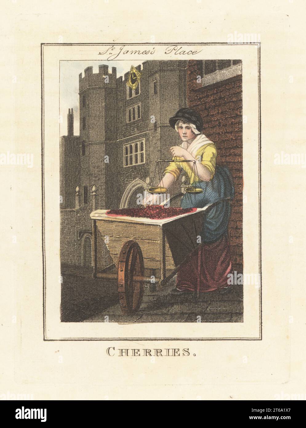 Vendeur de cerises devant St. Chez James. Femme en bonnet, fichu et robe tenant des écailles au-dessus d'une brouette de cerises en juin. Entrée à St. James's Palace sur Pall Mall. Gravure sur cuivre colorée à la main par Edward Edwards d'après une illustration de William Marshall Craig de Description des plaques représentant les Itinerant Traders de Londres, Richard Phillips, No. 71 St Pauls Churchyard, Londres, 1805. Banque D'Images