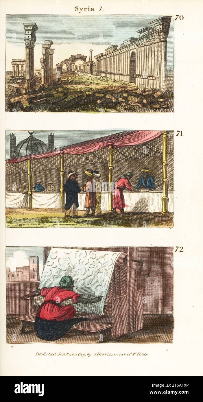 Vues historiques de la Syrie. Ruines de la ville de Palmyre ou Tadmor dans le désert 70, le bazar à Alep 71, et tisserand travaillant sur un métier à tisser damassé à Damas 72. Gravure sur cuivre colorée à la main de scènes du révérend Isaac Taylors en Asie, pour le divertissement et l'instruction de petits voyageurs Tarry-at-Home, John Harris, Londres, 1819. Banque D'Images