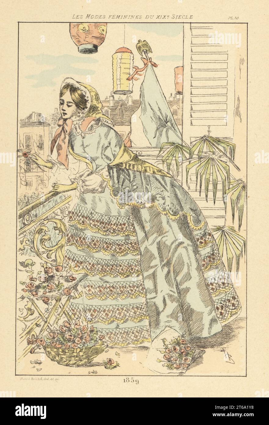 Femme à la mode sur un balcon de Paris regardant un défilé de victoire après la guerre franco-autrichienne, 1859. Portant un long châle en satin sur une robe richement brodée. Un drapeau tricolore et des lanternes chinoises en arrière-plan. Gravure à la main en pointe-seche ou en pointe par Henri Boutet des modes Feminines du XIXème siècle Siecle (Fashions féminines du 19th siècle), Ernest Flammarion, Paris, 1902. Boutet (1851-1919) est un artiste, graveur, lithographe et designer français. Banque D'Images