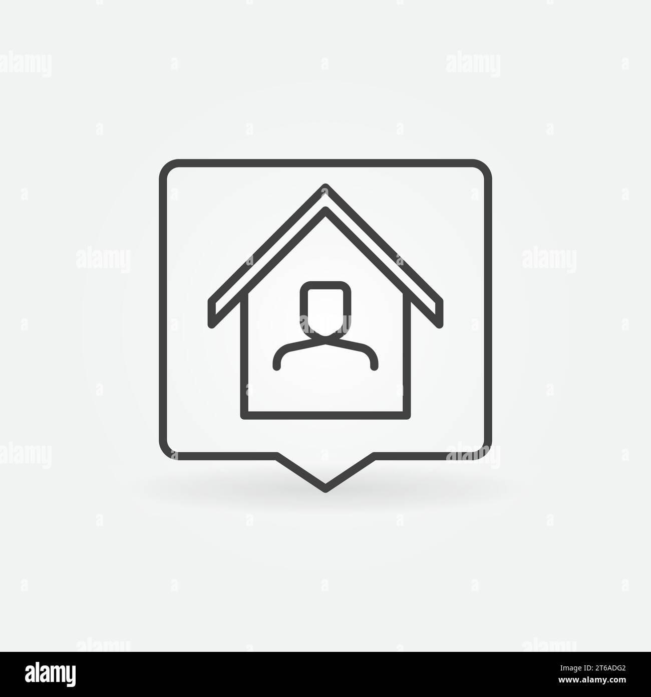 Bulle de parole carrée avec l'icône de ligne Man in House. Vecteur travaillant à partir de la maison signe de concept dans le style de contour Illustration de Vecteur