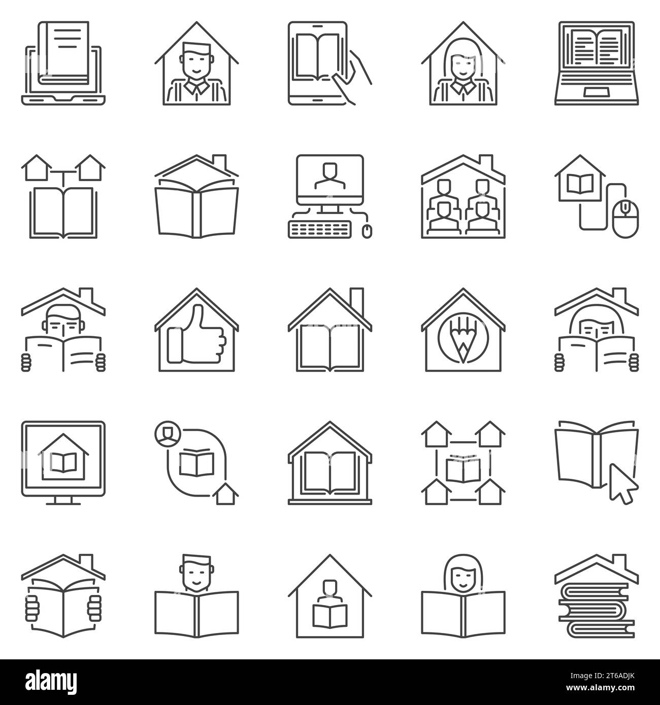Ensemble d'icônes de contour de l'enseignement à domicile. Vector Home Education et étudier à la maison symboles de concept en ligne Illustration de Vecteur