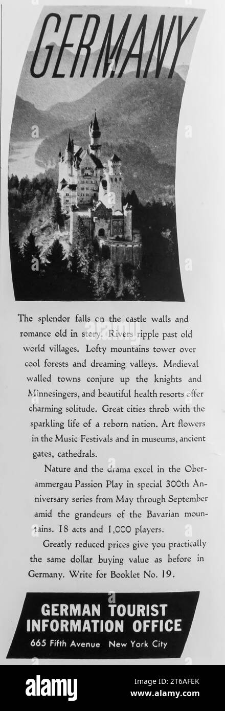 1934 annonce de voyage Allemagne. Office d'information touristique allemand annonce Banque D'Images
