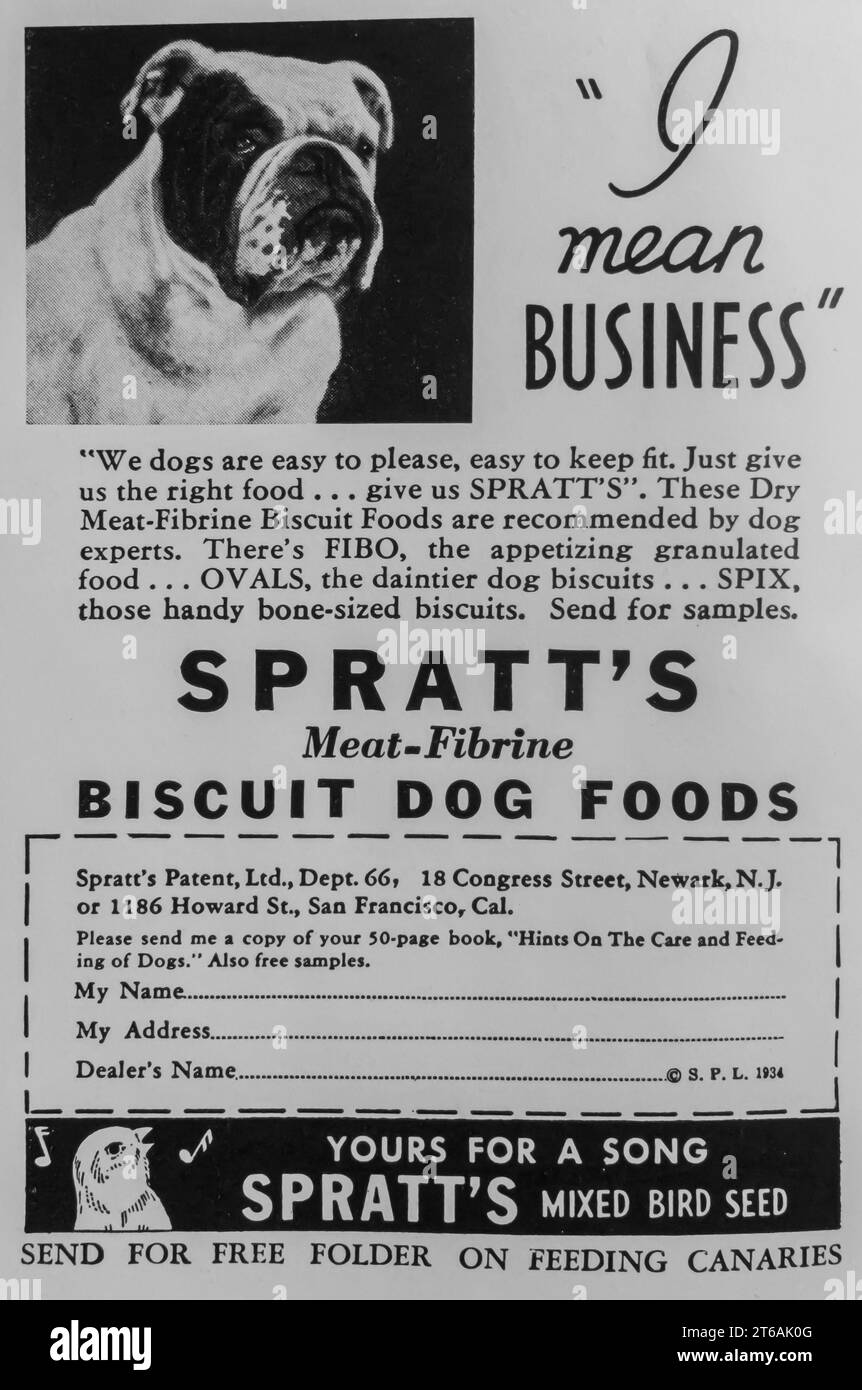 1934 annonces de nourriture Spratt pour chiens à base de biscuit à la viande et à la fibrine Banque D'Images