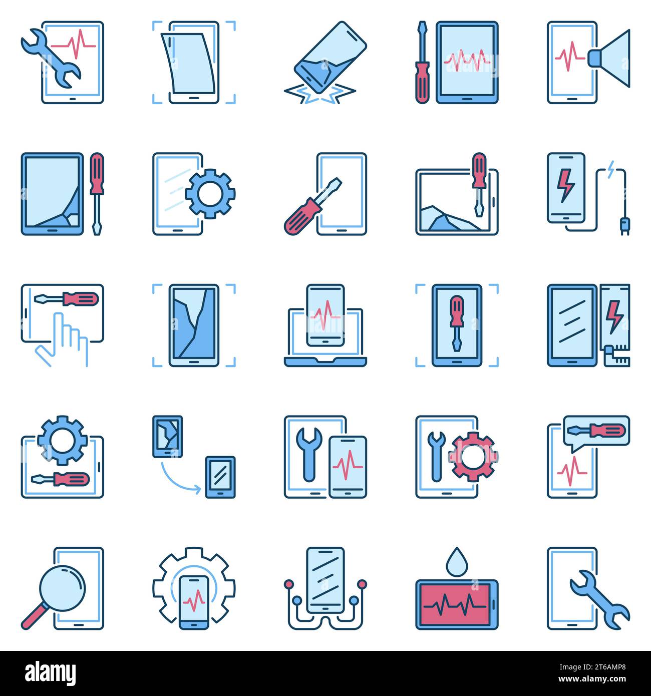 Collection d'icônes créatives bleues de réparation de smartphone et de tablette. Vector Broken Phone Signs Illustration de Vecteur