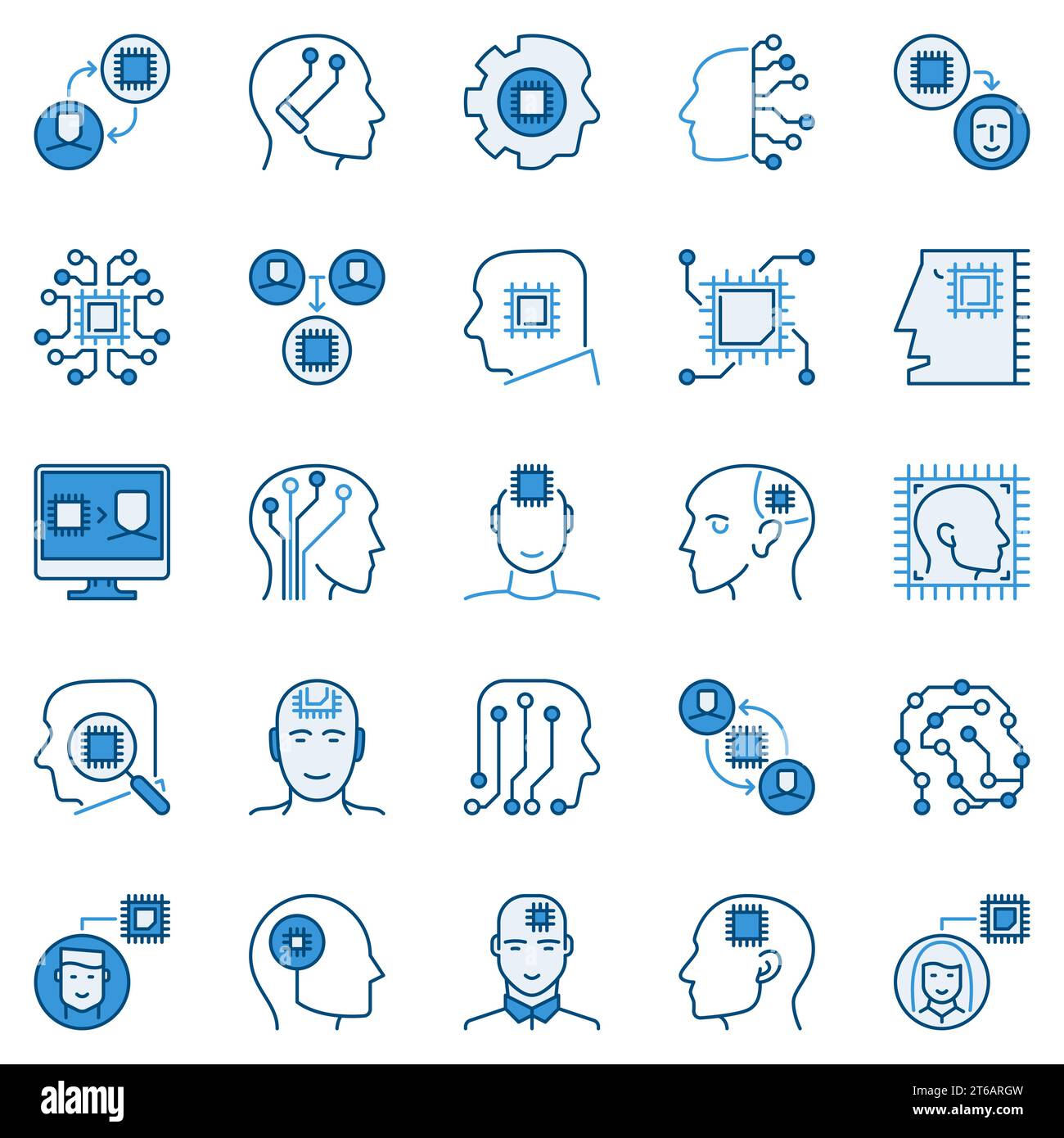 Ensemble d'icônes bleues ai et machine Learning - puce informatique dans des symboles vectoriels créatifs de concept de tête humaine Illustration de Vecteur