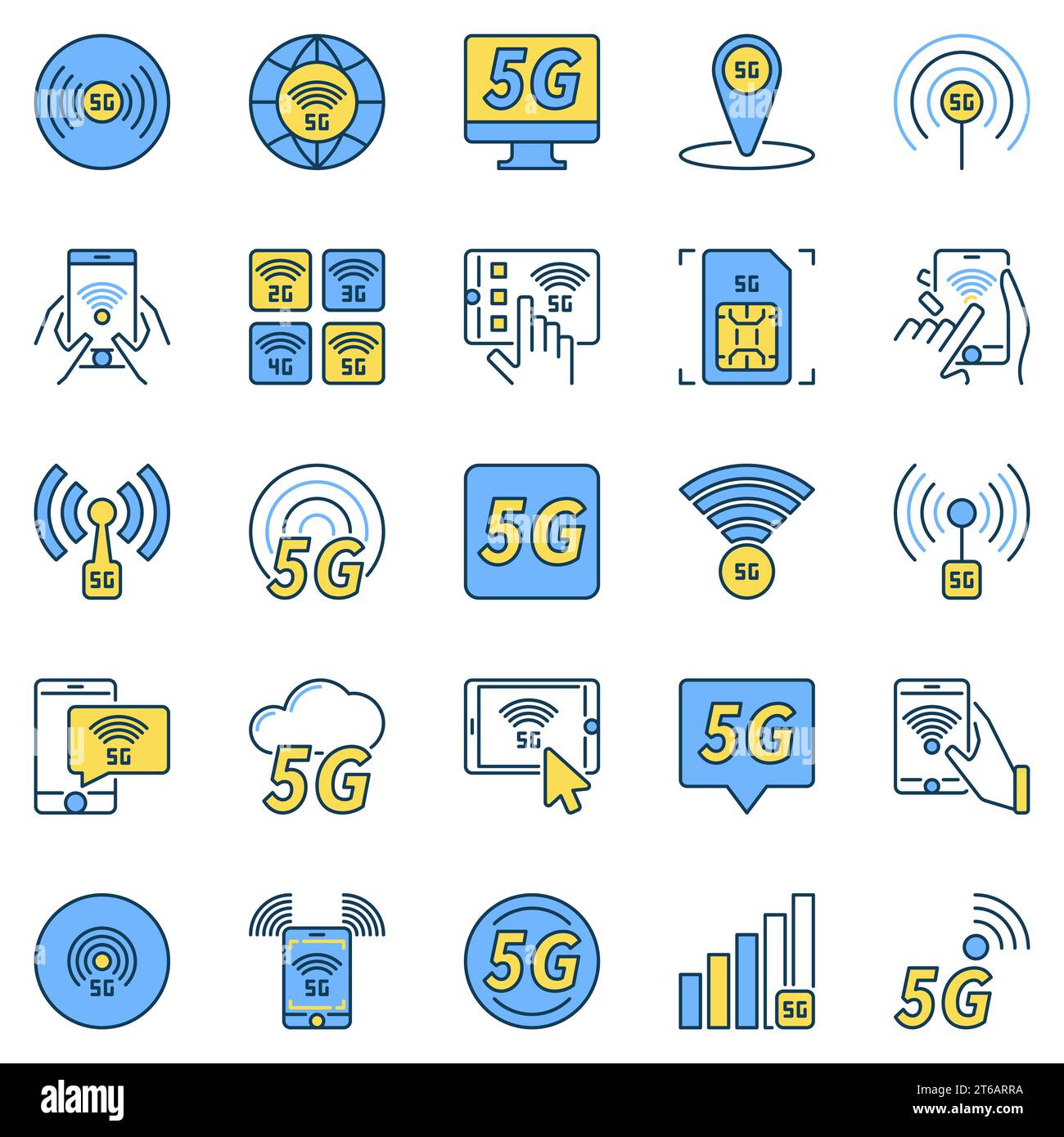 Icônes vectorielles de concept colorées de la technologie 5G - signes de technologie de réseau cellulaire sans fil de 5e génération Illustration de Vecteur