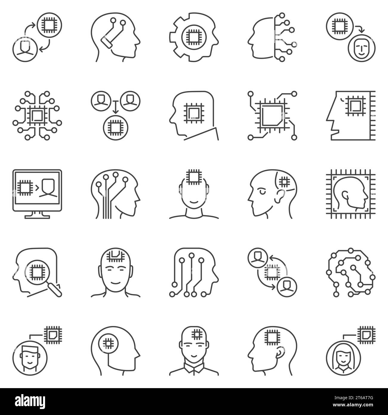 Tête humaine avec un jeu d'icônes de contour de puce. Signes de ligne de concept d'intelligence artificielle vectorielle et d'apprentissage automatique Illustration de Vecteur