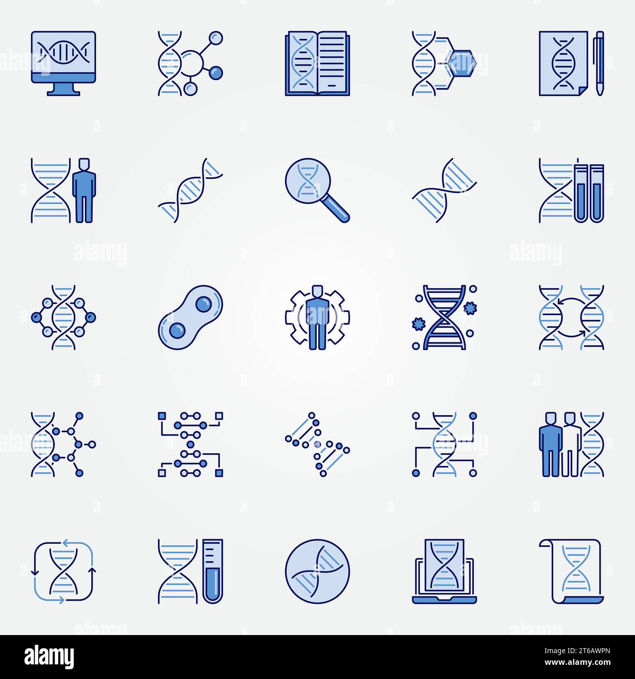 Jeu d'icônes bleues de génétique - les tests génétiques de vecteur et les éléments de conception de concept d'ADN ou des signes Illustration de Vecteur