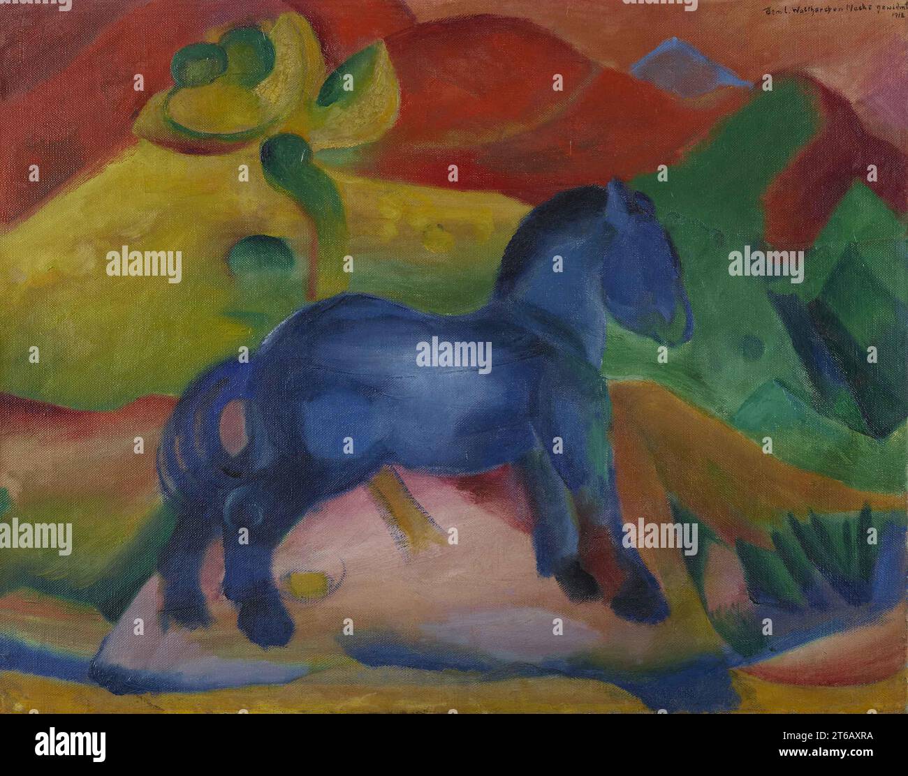 Titre : Little Blue Horse artiste : Franz Marc lieu : Musée de la Sarre, Sarrebrucken, Allemagne Moyen : huile sur toile Date : 1912 AD (C20ème AD) Dimensions : 58 x 73 cm Banque D'Images
