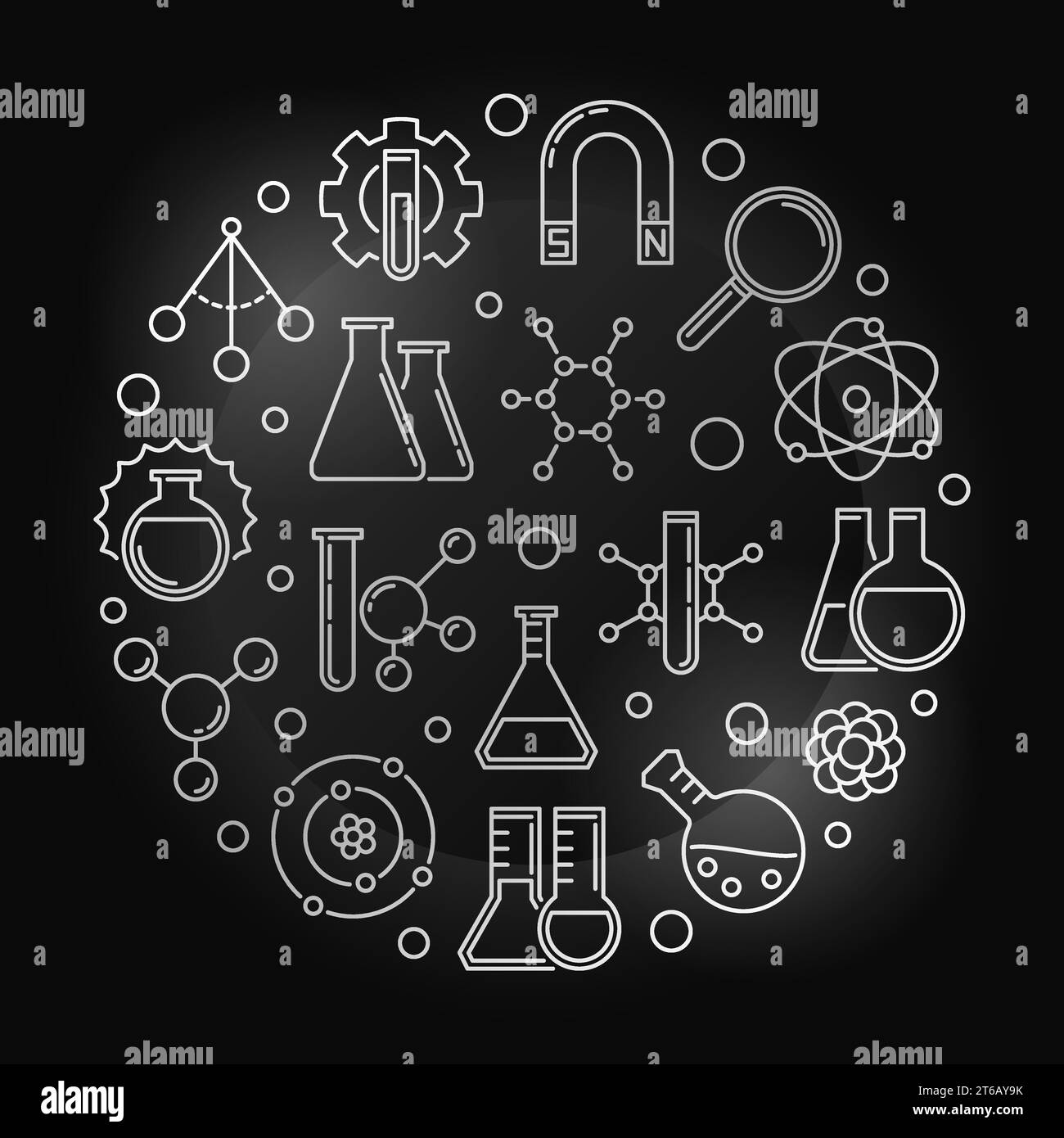 Illustration ronde argentée de vecteur de physique chimique dans le style de contour sur fond sombre Illustration de Vecteur