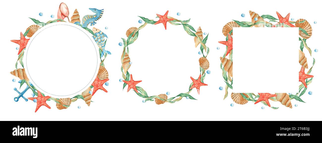 Ensemble de cercle de mer et cadres carrés. Couronnes avec poisson mignon, hippocampe, ancre nautique et étoile de mer. Coquillages, algues et bulles d'eau. Marine Banque D'Images