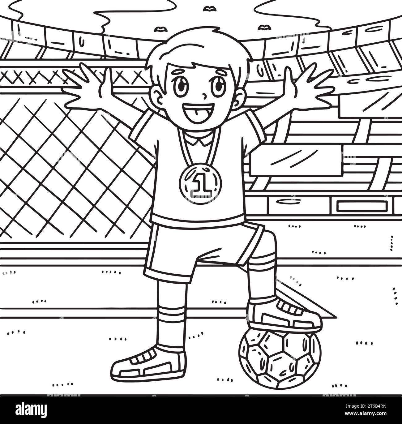 Soccer Boy Wearing Medal Coloriage page pour les enfants Illustration de Vecteur