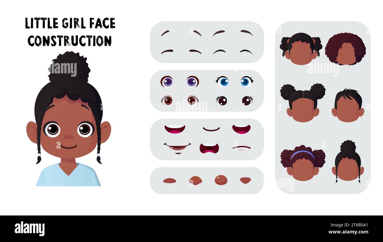 Constructeur de visage de fille noire de dessin animé, Pack de création de visage de petit enfant Illustration vectorielle avec des lèvres, des cheveux, des yeux Illustration vectorielle Illustration de Vecteur