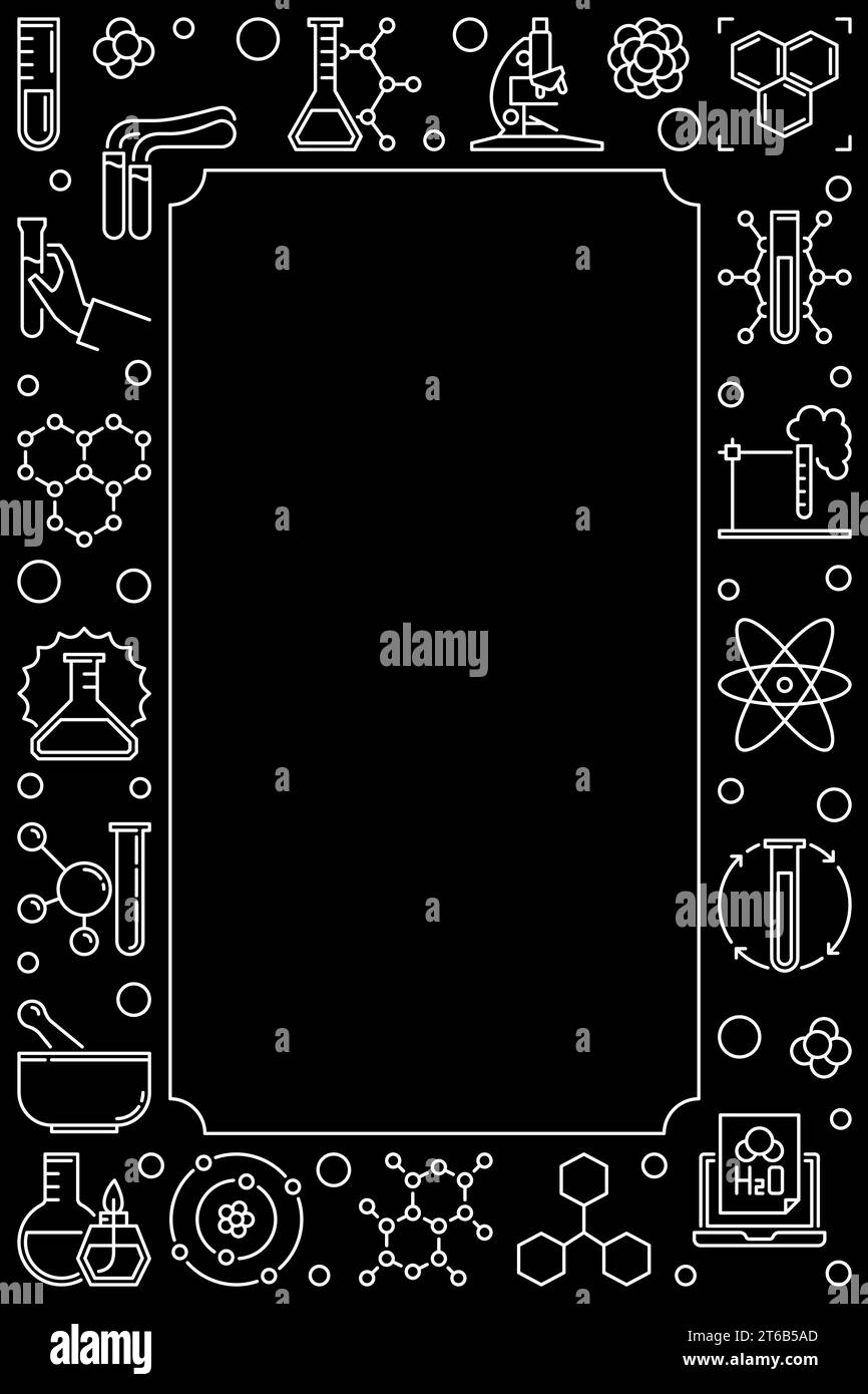 Bannière ou cadre de contour vertical chimique foncé. Illustration de science vectorielle dans le style de ligne mince Illustration de Vecteur