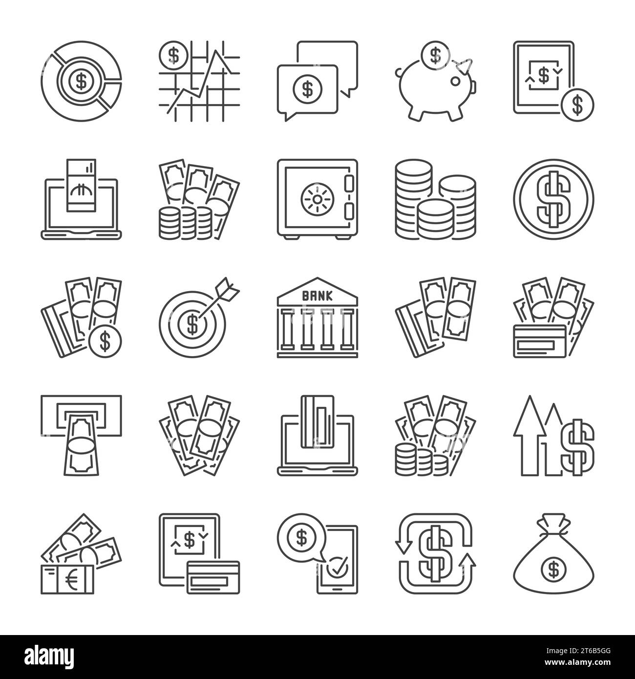 Collection d'icônes de contour d'argent. Ensemble vectoriel d'espèces, de billets de banque, de cartes et de symboles de concept de banque dans le style de ligne mince Illustration de Vecteur