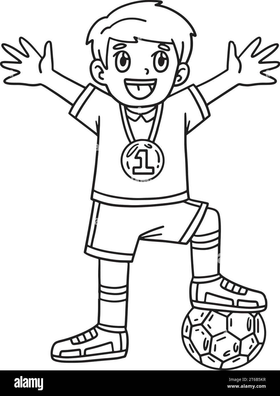 Soccer Boy Wearing Medal Isolated Coloriage page Illustration de Vecteur
