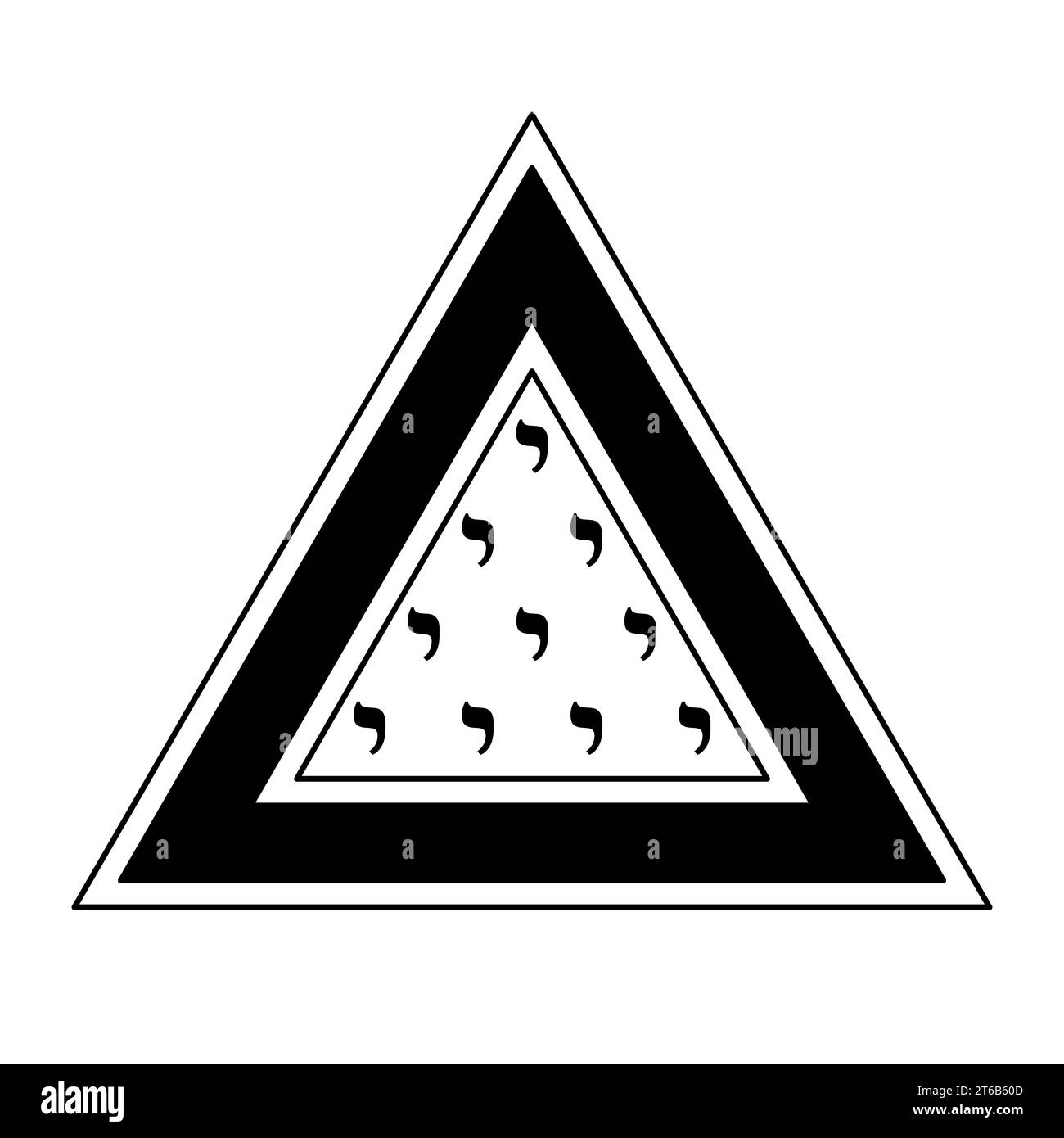 Symbole Tetractys dans un triangle. Lettre Yod de l'alphabet hébreu avec la valeur numérique 10, dix fois arrangée en quatre rangées à une figure triangulaire. Banque D'Images