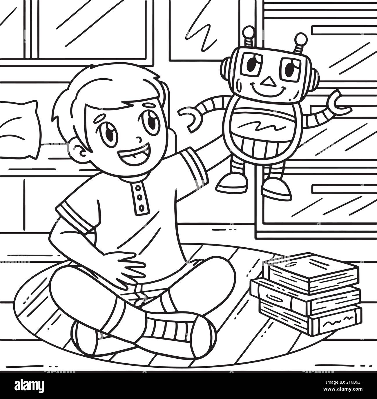 Garçon jouant robot Toy Coloriage page pour les enfants Illustration de Vecteur