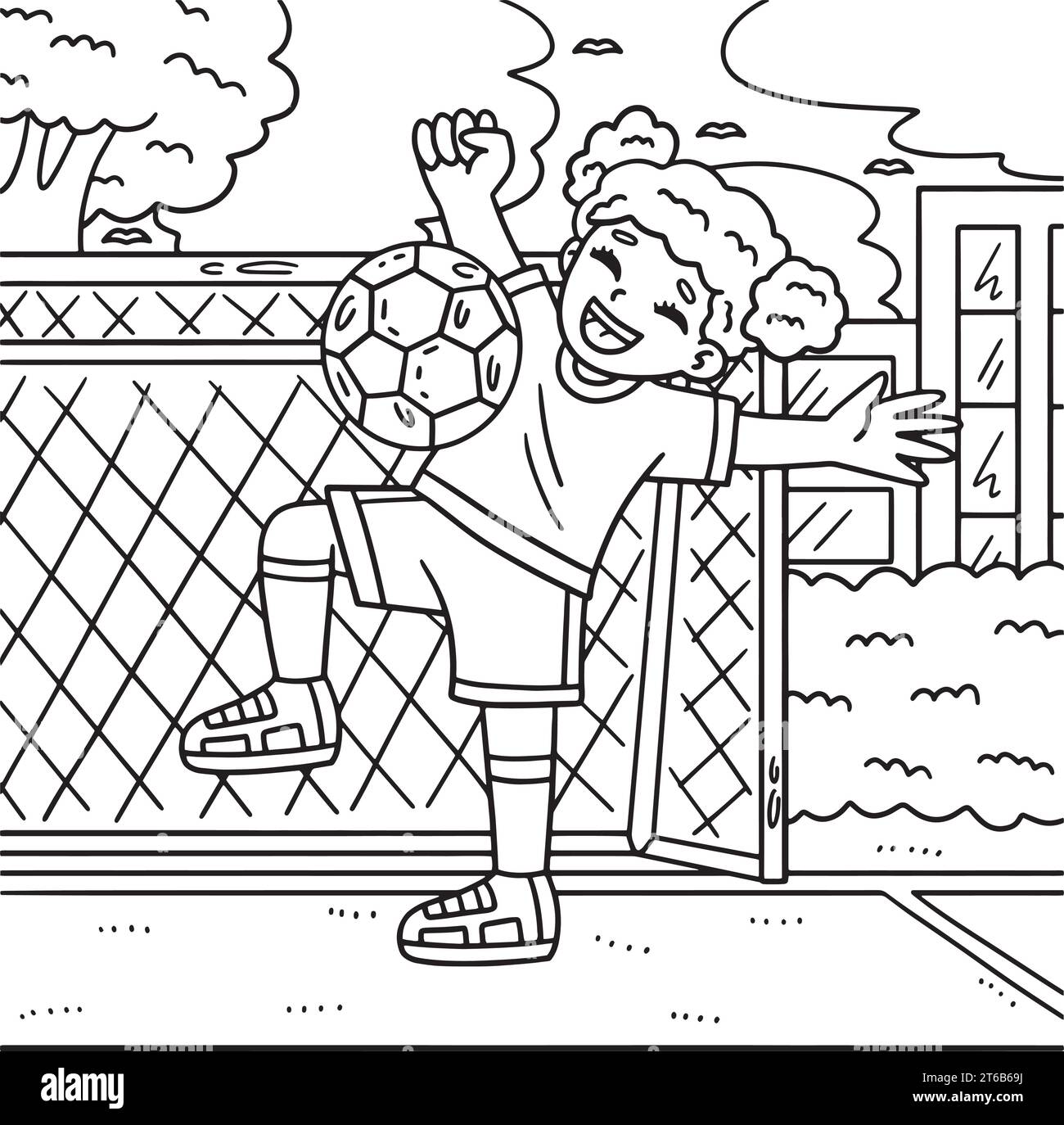 Girl Bouncing football ball Off Chest Coloriage page Illustration de Vecteur