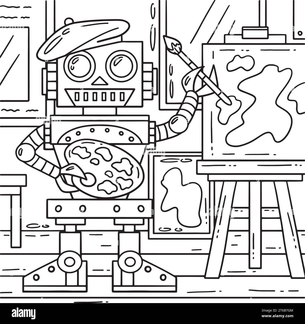 Robot Painter Coloriage page pour enfants Illustration de Vecteur